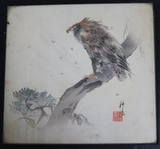 Japanese School, six woodblock prints, studies of birds, farmers and flowers, largest 33 x 18cm